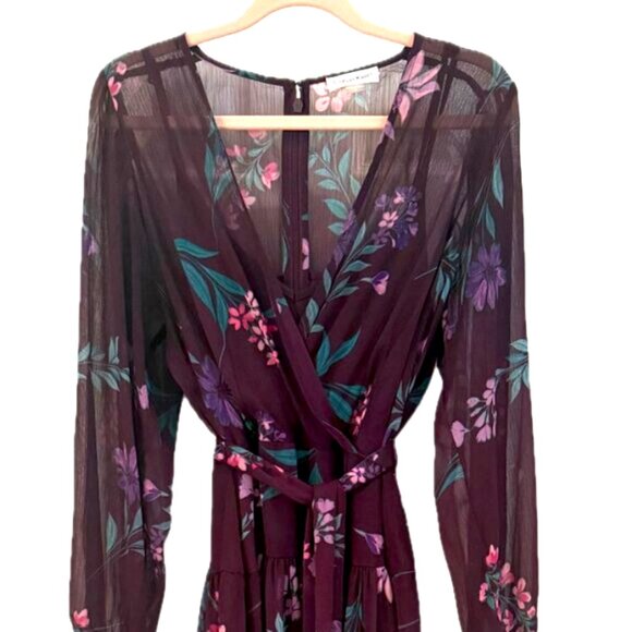 Calvin Klein Floral Plum Chiffon Wrap Dress | Size 12 | 3/4 Sleeve - Picture 2 of 7